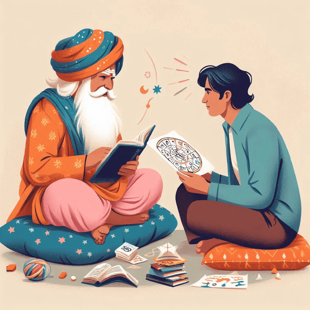 Hindu astrologer consulting a client